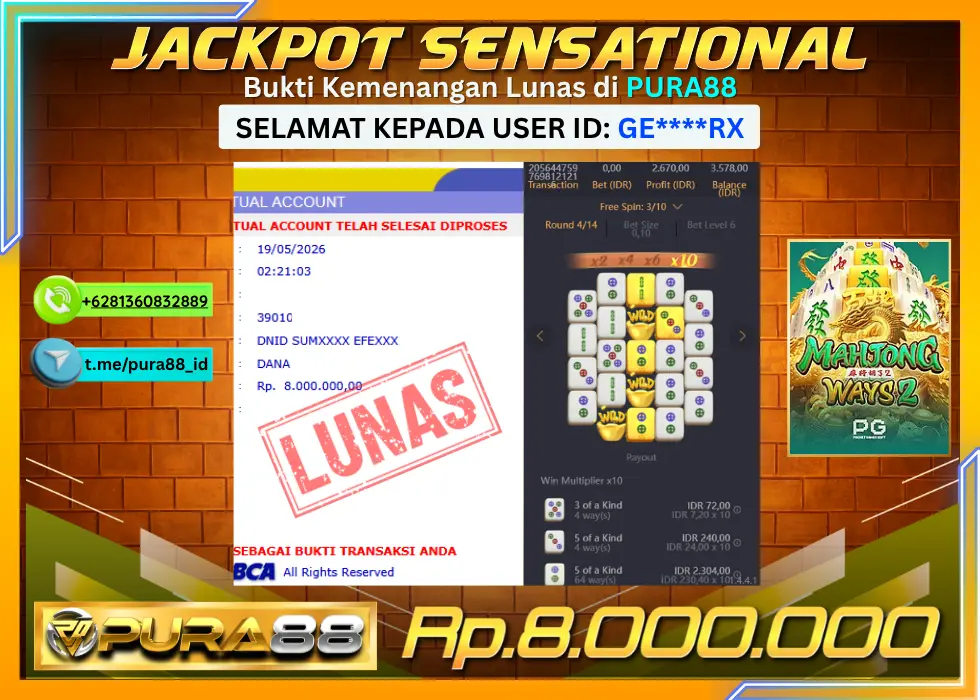 PURA88 JACKPOT MAHJONG WAYS 2 Rp 8.000.000,- LUNAS
